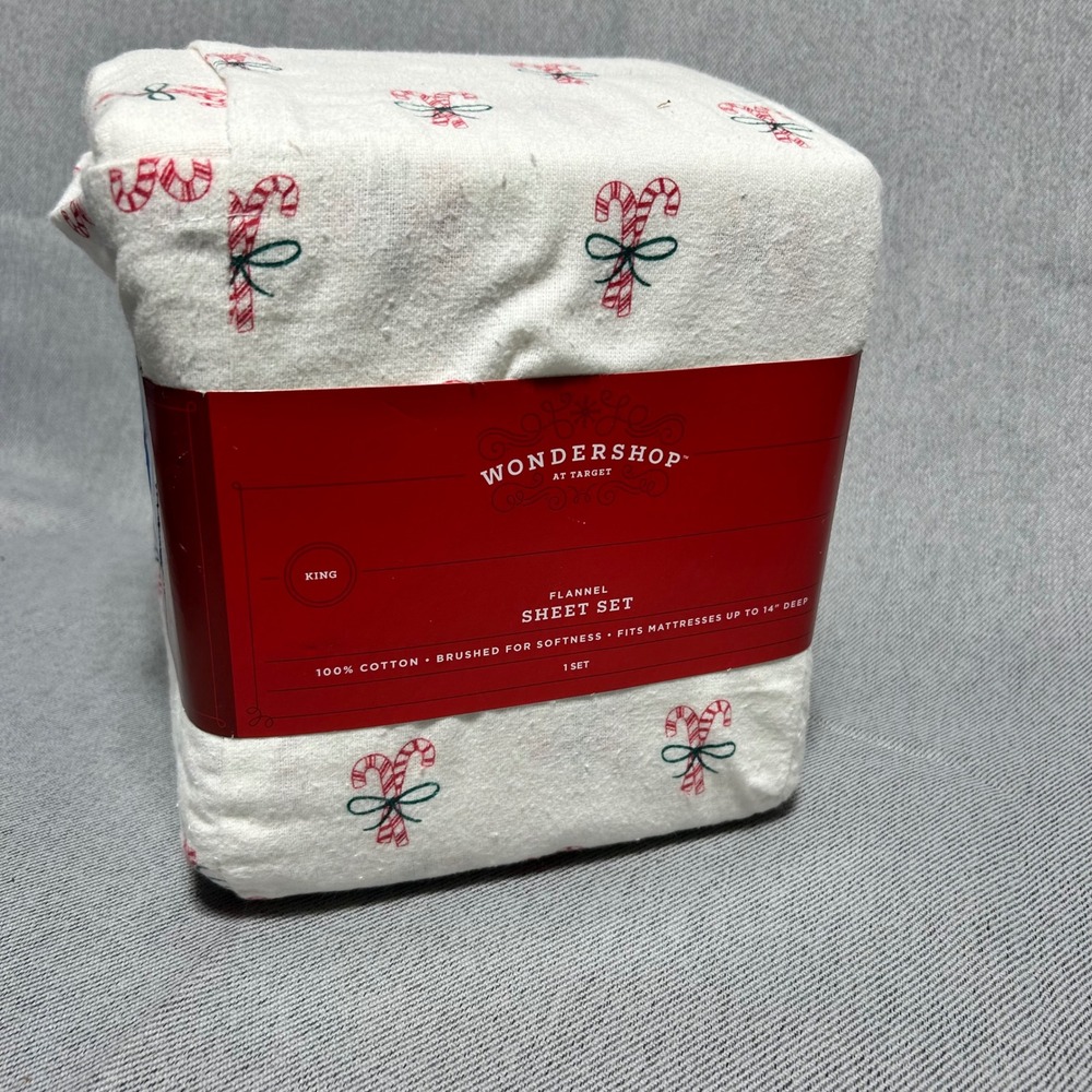 Wondershop Flannel Sheet Set King White Candy Cane Christmas 100% Cotton 4pc